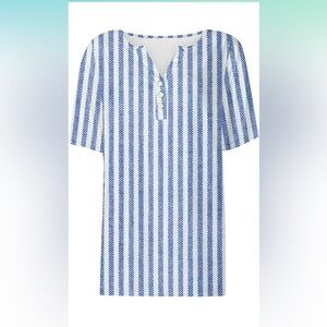 Women Blue Stripe Short Sleeve Blouse Summer Button V-Neck Casual Tops Tunics
